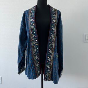 The Daily Planet Open Front Kimono Embroidered Floral Blazer Large Blue FLAWED